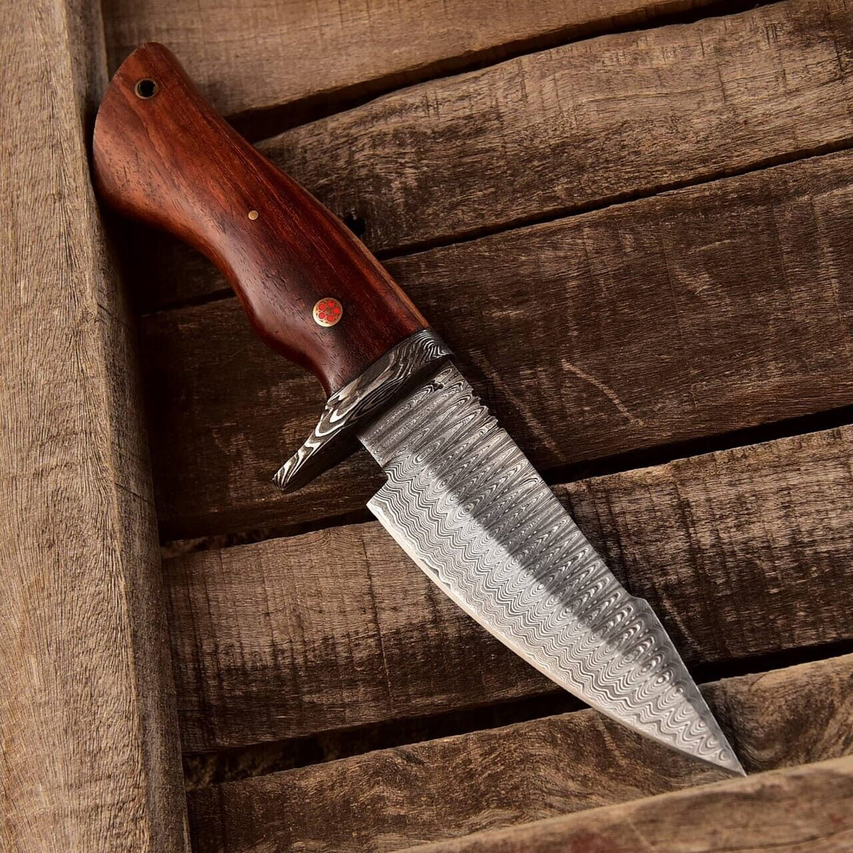 Small Damascus Hunting Knife, Rosewood, 5-Inch Blade by Texan Knives, view 3