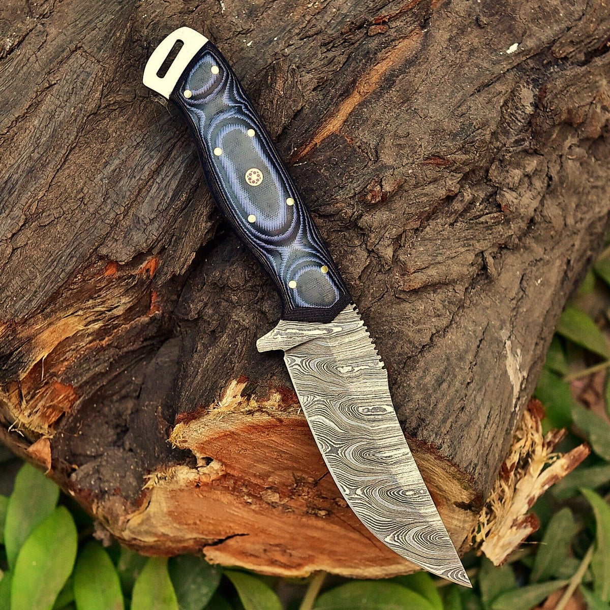 Damascus steel skinning knife with layered sheet handle