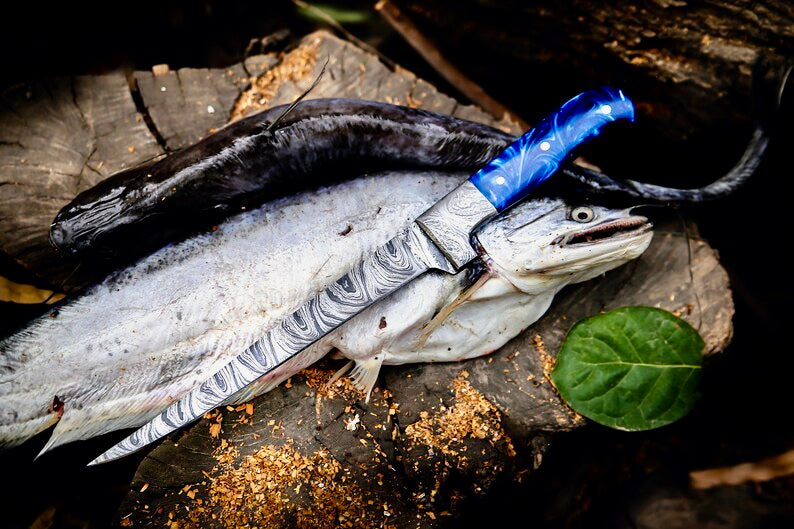 Damascus fishing knife with colorful resin handle, Damascus bolster and leather sheath
