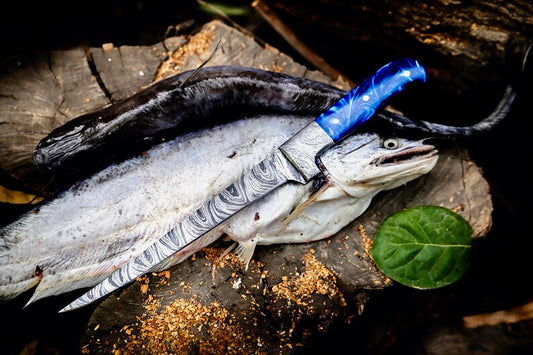 Damascus fishing knife with colorful resin handle, Damascus bolster and leather sheath