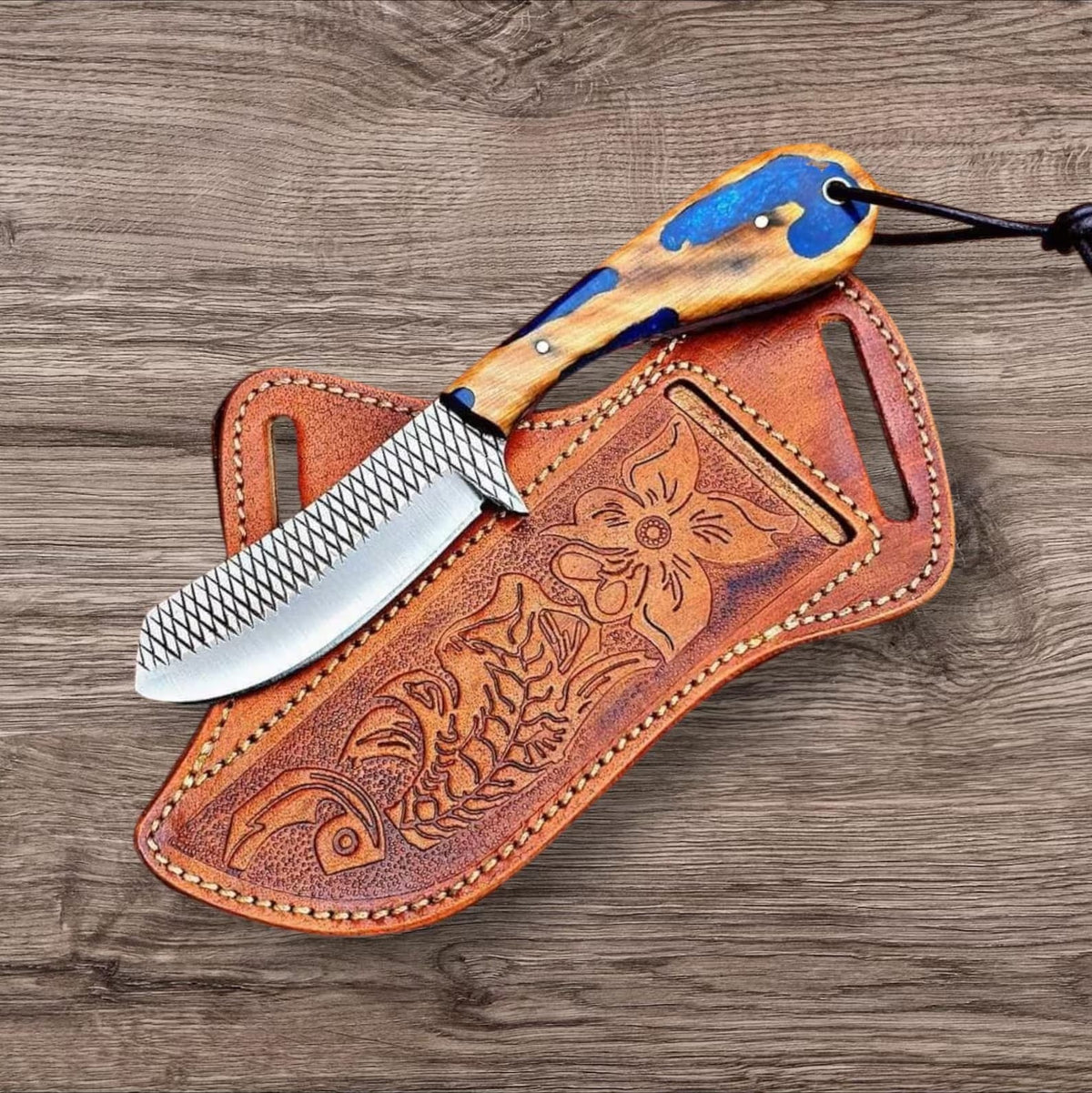 Rasp steel belt knife with resin-infused olive wood handle