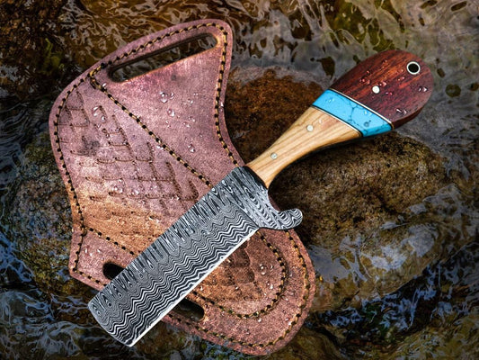 Damascus bull cutter knife with turquoise, pakkawood, and rosewood handle