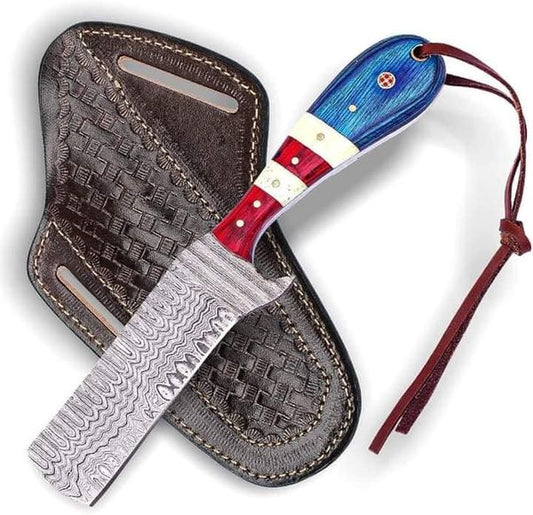 Damascus bull cutter knife with a two-tone pakkawood and camel bone handle
