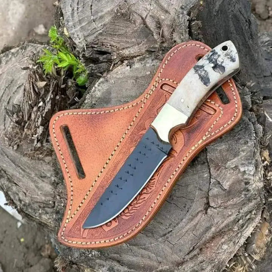 Rasp tool steel ranch knife with sheep horn handle and leather sheath
