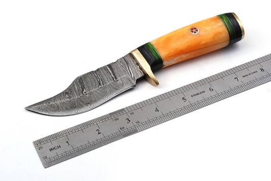 Damascus skinning knife with a camel bone and rosewood handle and leather sheath