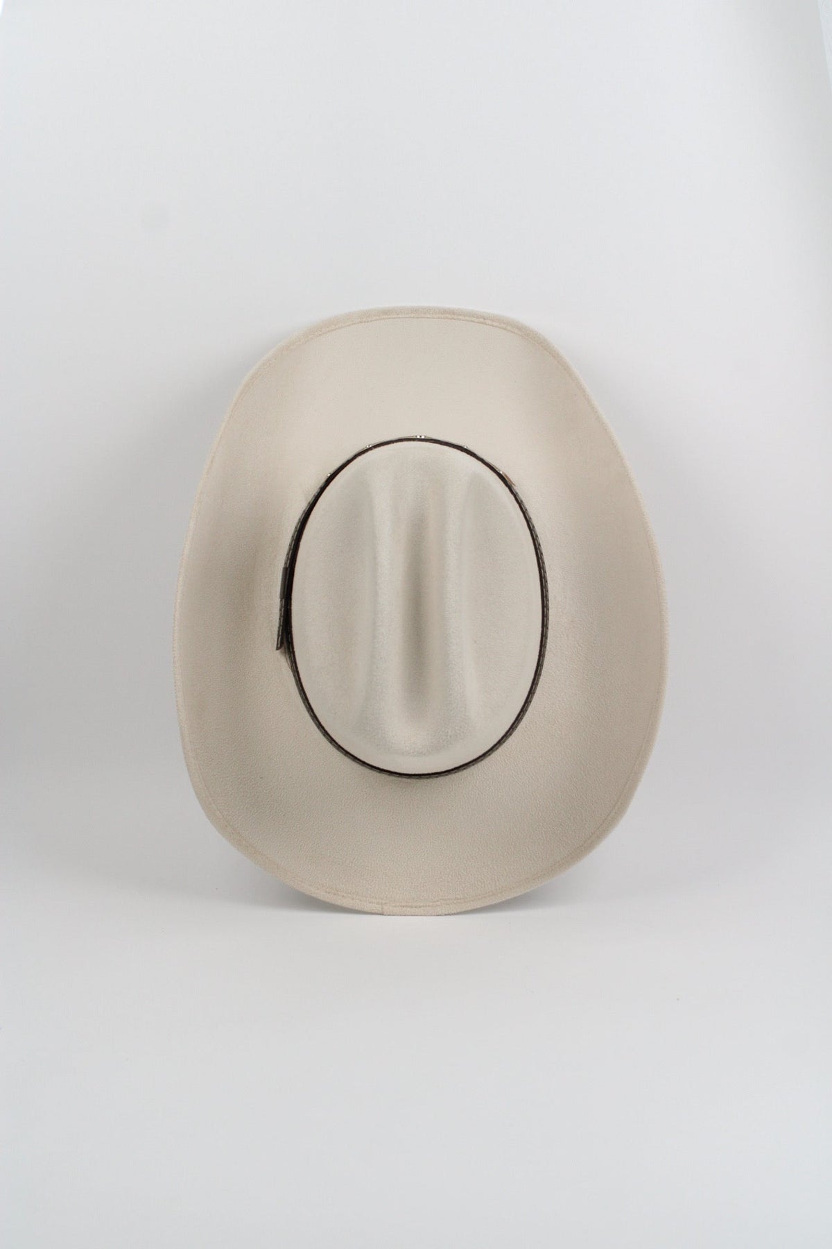 Ivory vegan suede cowboy hat with a lifted brim and faux leather band, view 4