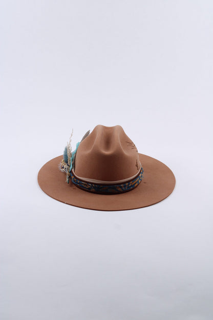 Tan wool flat brim cattleman hat with a hand-burned sunset and mountain design, view 2