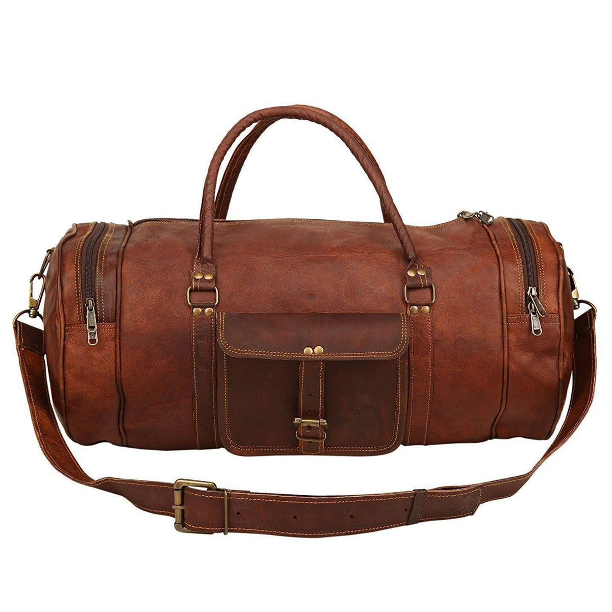 Vintage brown goat leather duffel bag with buckled front pocket