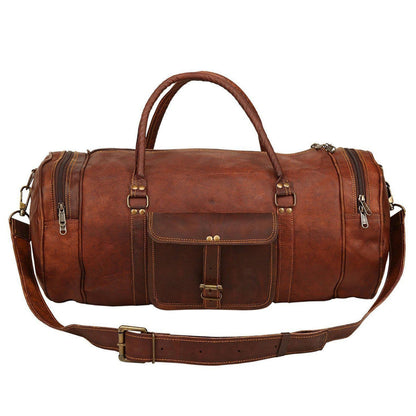 Vintage brown goat leather duffel bag with buckled front pocket