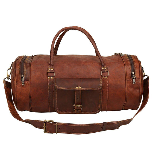 Vintage brown goat leather duffel bag with buckled front pocket