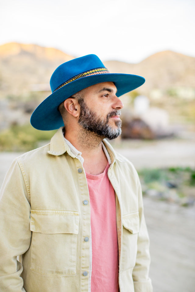 Denim blue alpaca wool felt Western hat with a woven hatband, view 2