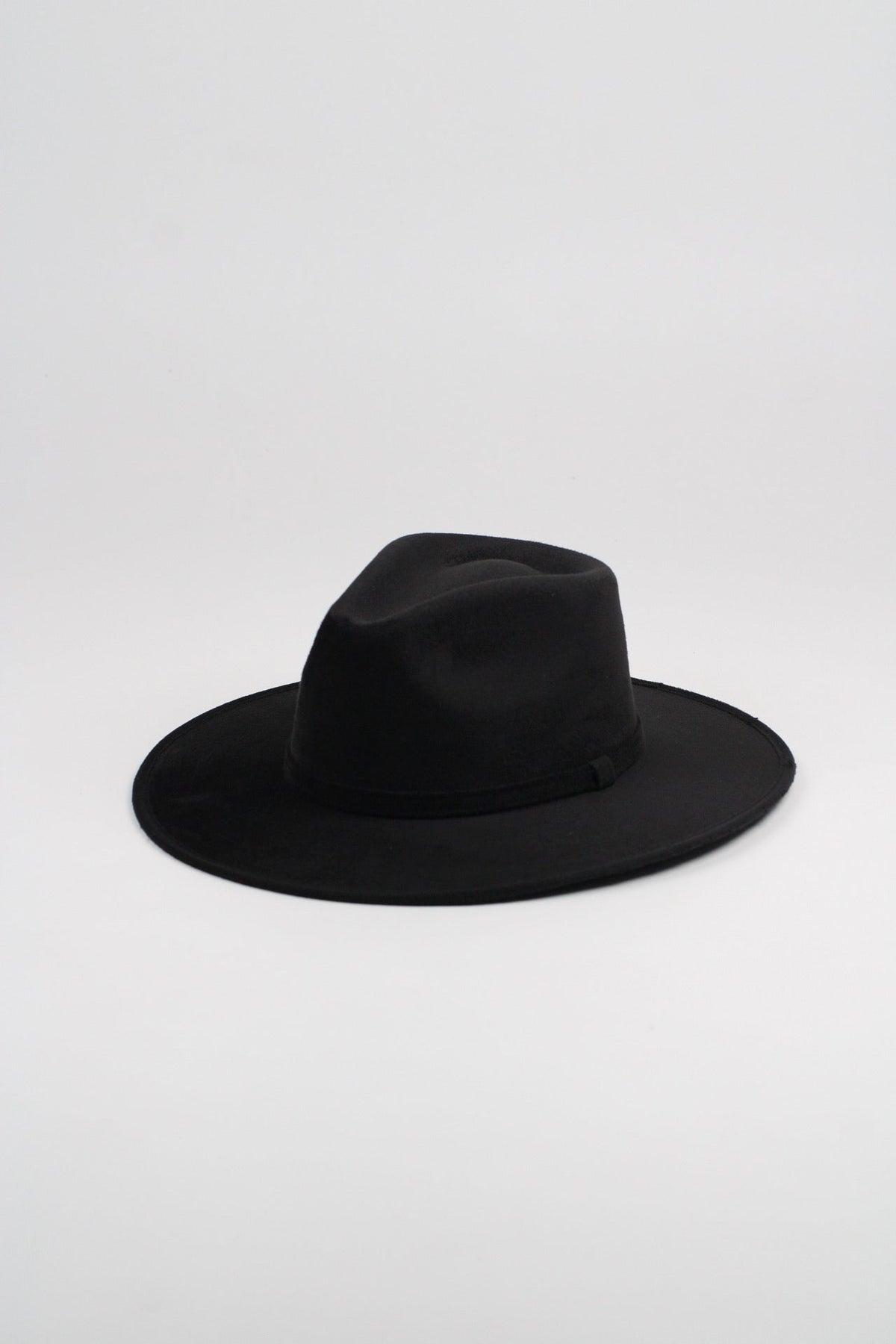 Black vegan suede rancher hat with a flat 3-inch brim