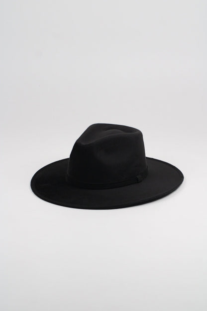 Black vegan suede rancher hat with a flat 3-inch brim