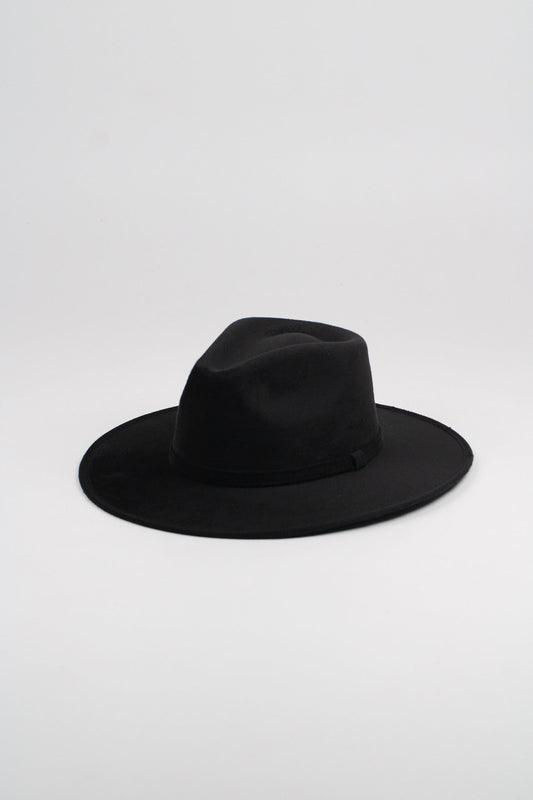 Black vegan suede rancher hat with a flat 3-inch brim