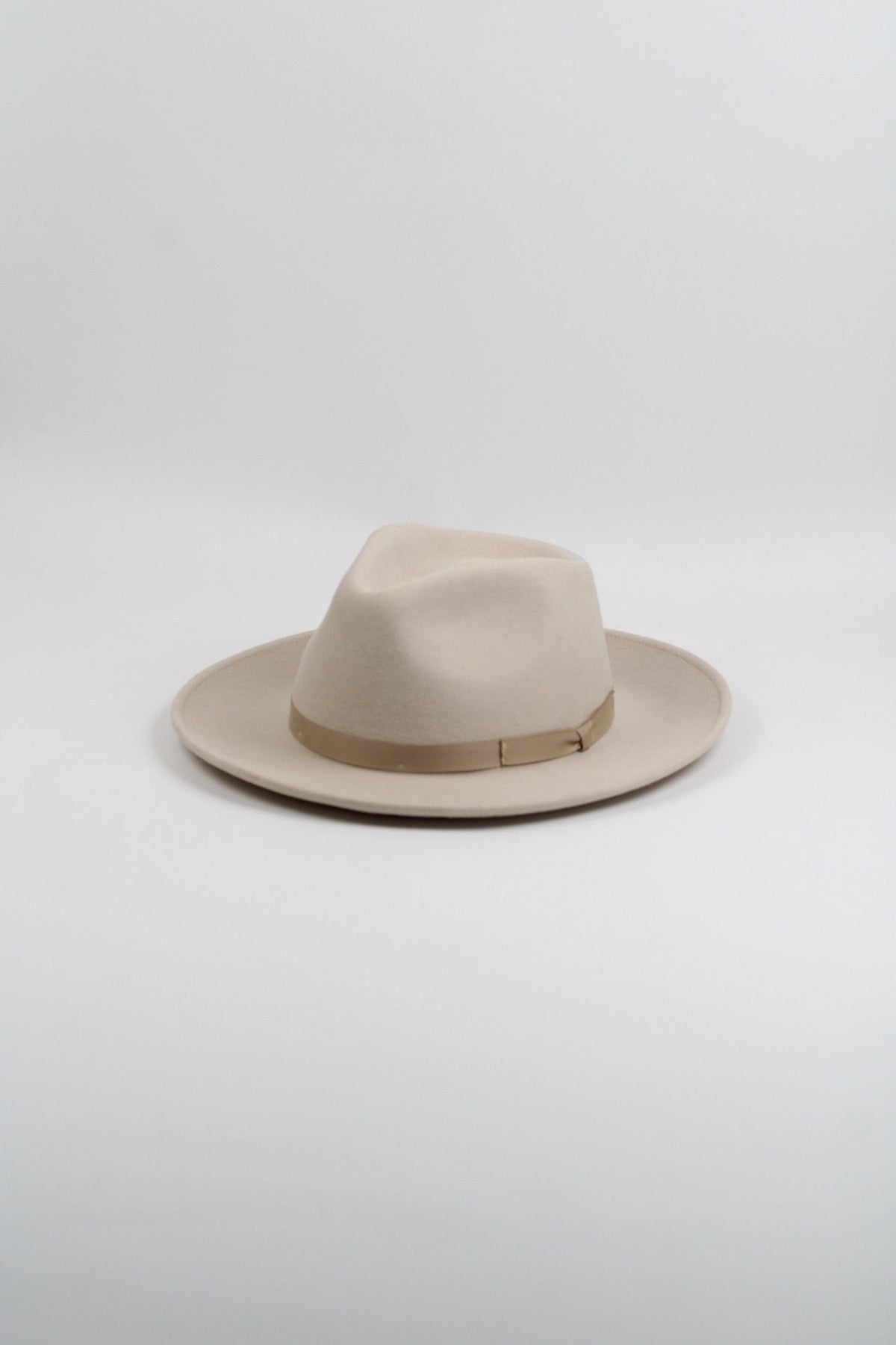 Ivory wool felt hat with a teardrop crown and a 3-inch curved brim, view 2