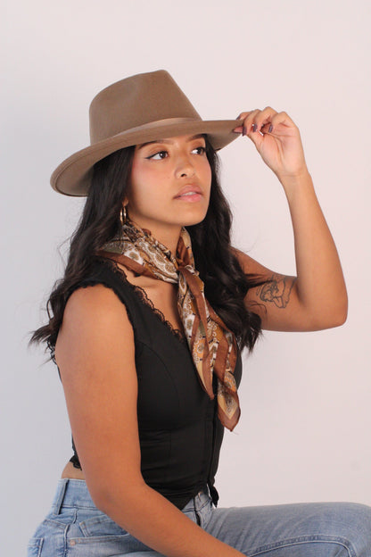 Khaki wool felt hat with a teardrop crown and a 3-inch curved brim, view 2