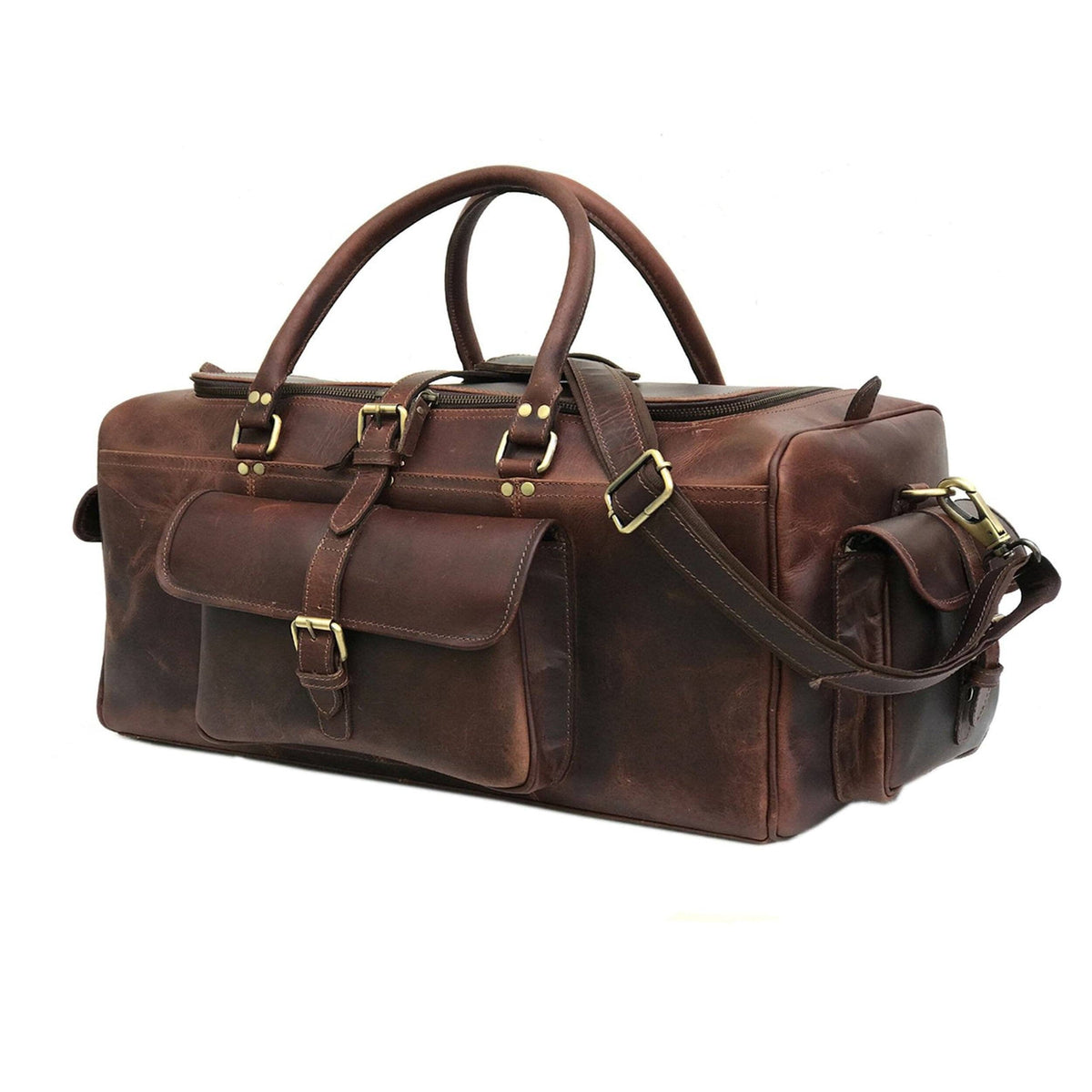 Dark brown leather duffle bag with shoulder strap and buckled pockets, view 3