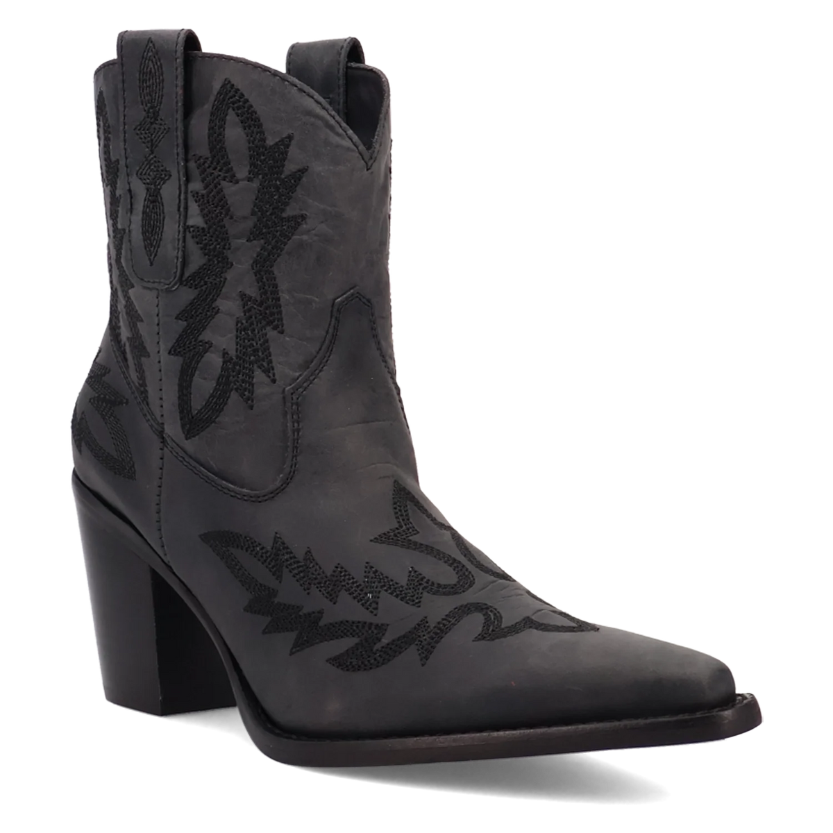 Women's leather Western ankle bootie with a snip toe and stitching, view 2