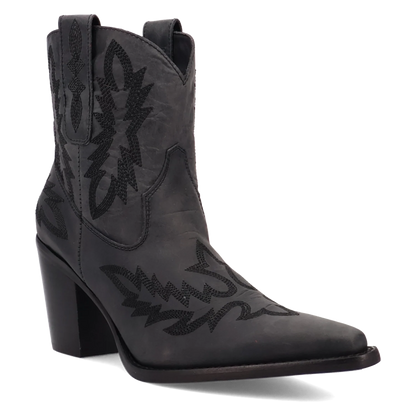 Women's leather Western ankle bootie with a snip toe and stitching, view 2