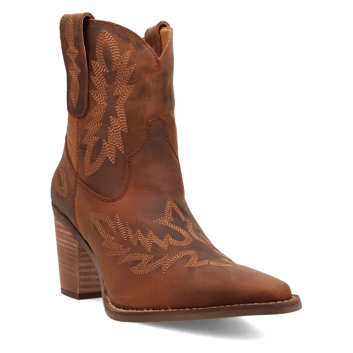 Women's leather Western ankle bootie with a snip toe and stitching, view 3