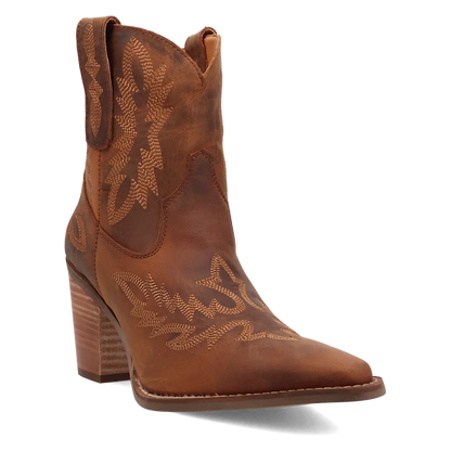 Women's leather Western ankle bootie with a snip toe and stitching, view 3