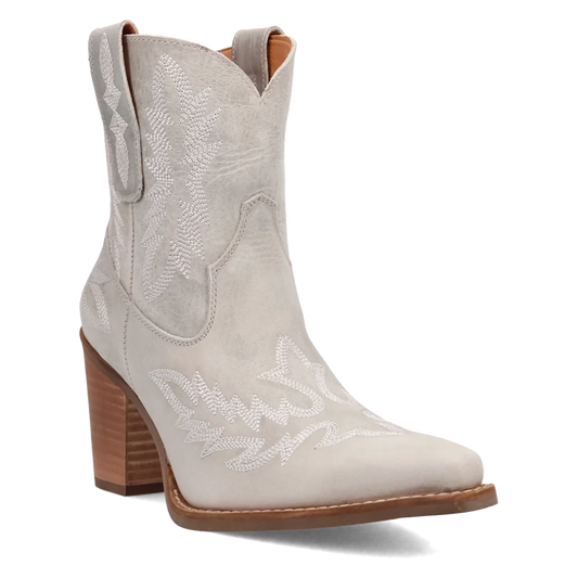 Women's leather Western ankle bootie with a snip toe and stitching