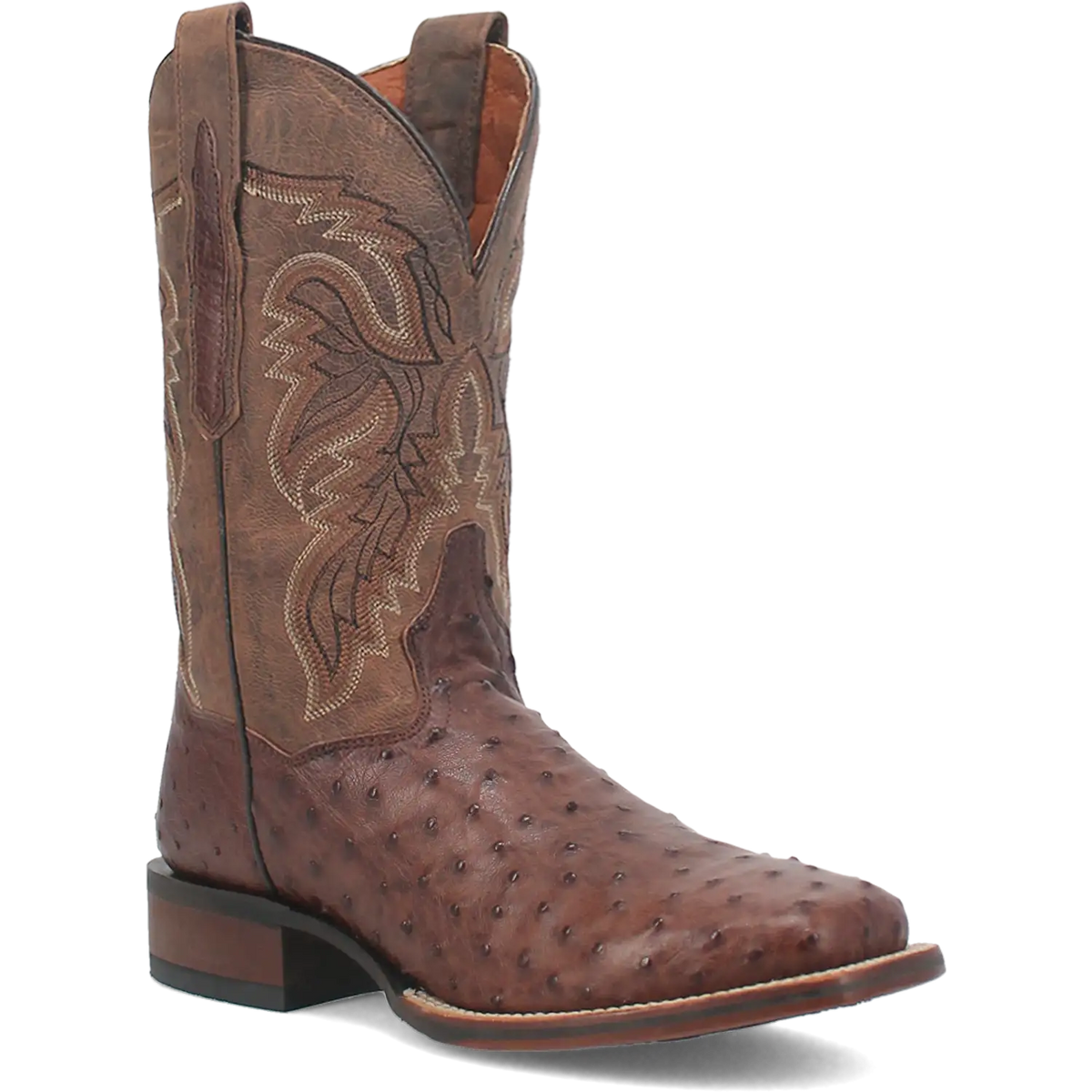 Brown ostrich leather men's cowboy boot with a square toe and stitched shaft
