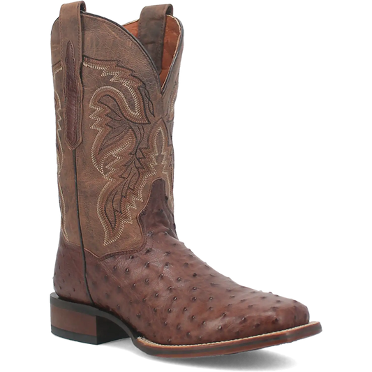 Brown ostrich leather men's cowboy boot with a square toe and stitched shaft