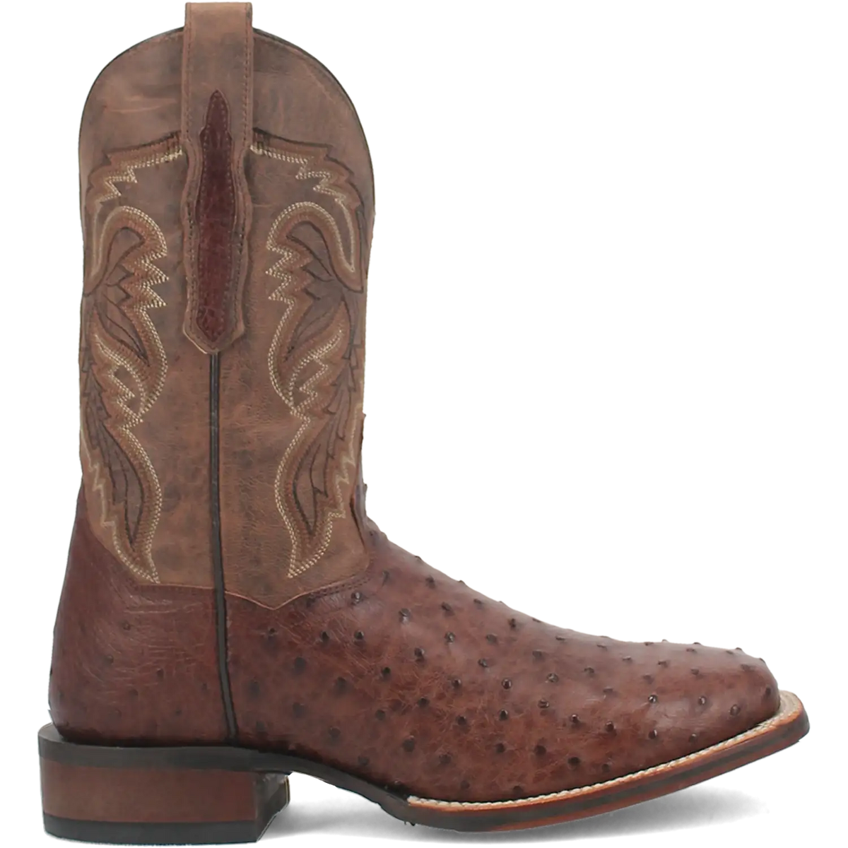 Brown ostrich leather men's cowboy boot with a square toe and stitched shaft, view 3