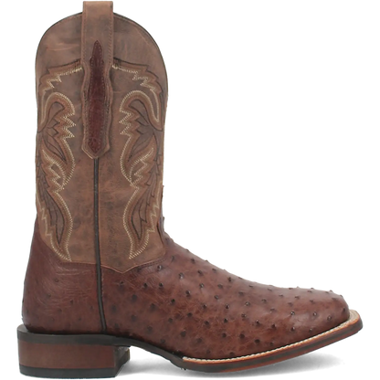 Brown ostrich leather men's cowboy boot with a square toe and stitched shaft, view 3