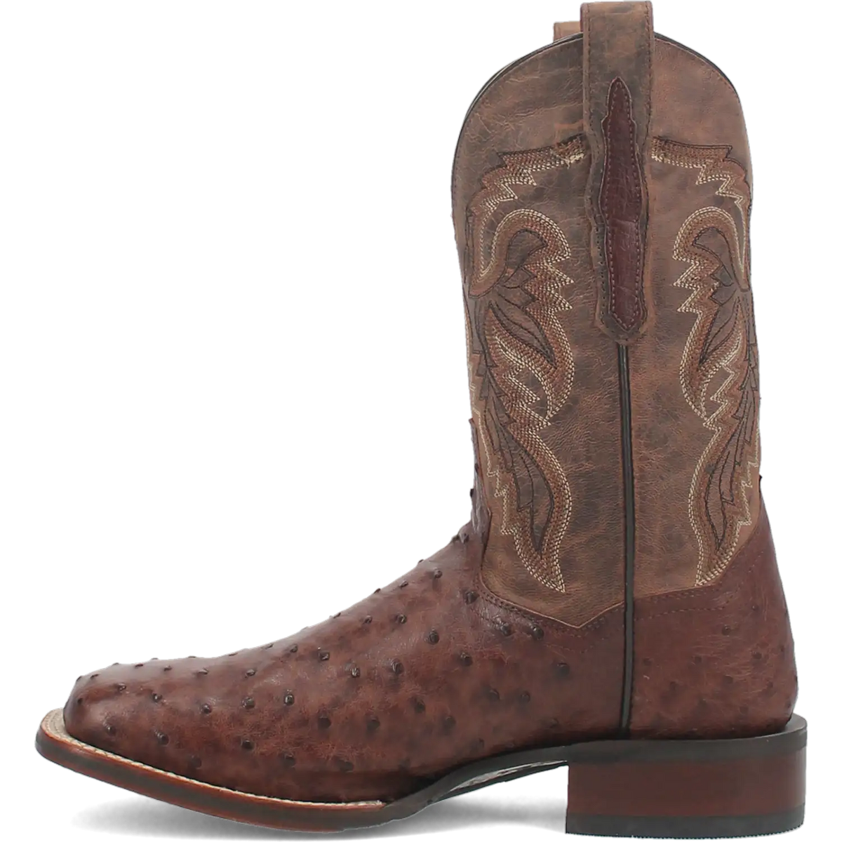Brown ostrich leather men's cowboy boot with a square toe and stitched shaft, view 4