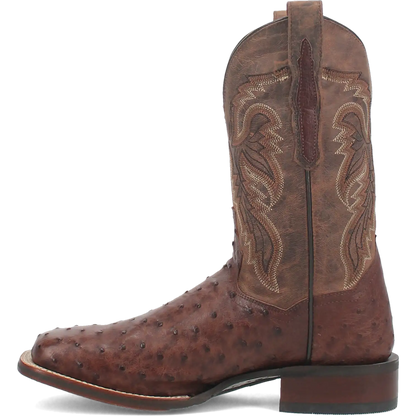 Brown ostrich leather men's cowboy boot with a square toe and stitched shaft, view 4