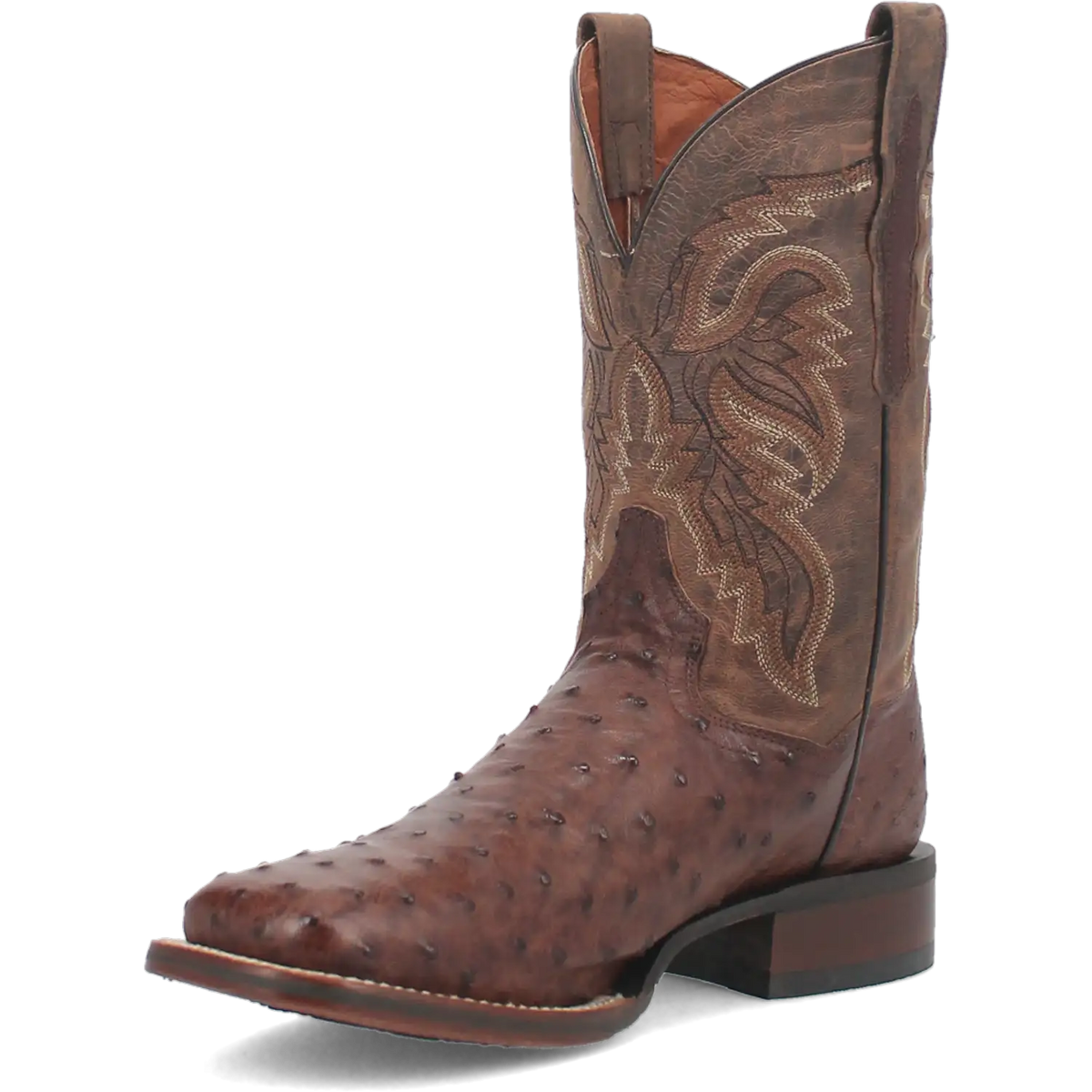 Brown ostrich leather men's cowboy boot with a square toe and stitched shaft, view 2