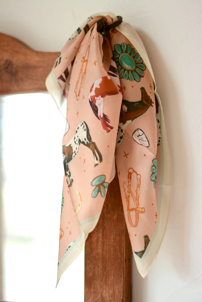 Peachy pink wild rag with paint and Appaloosa horses, turquoise jewelry and vintage tack, view 2