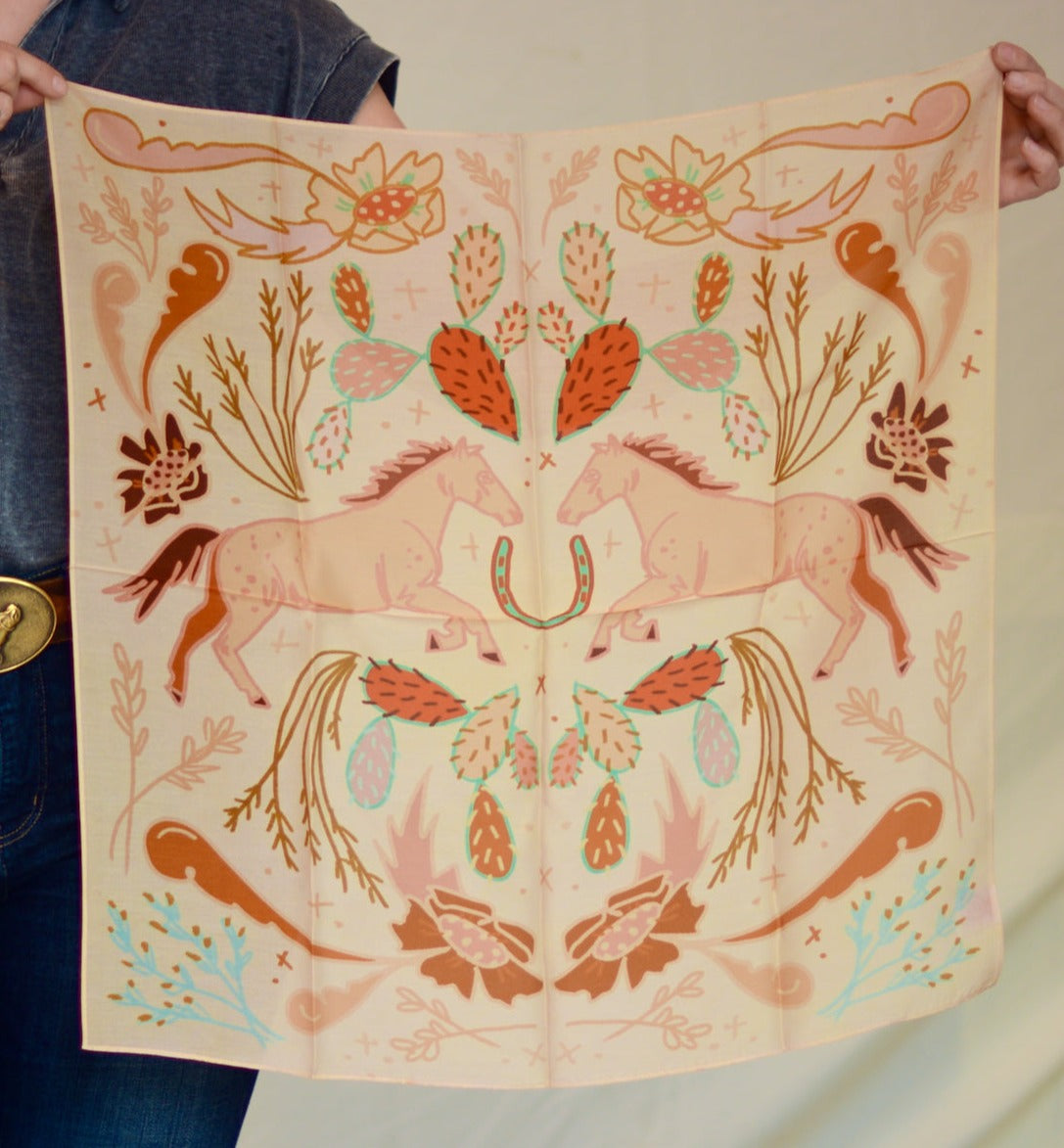 Peach wild rag with a folk-art horse, cactus and flowers, view 2