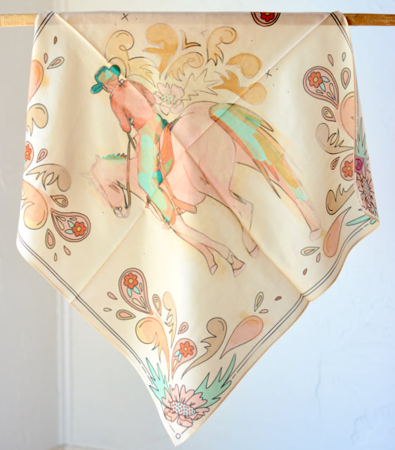 Pastel floral wild rag with a cowgirl at center in red, pink and turquoise, view 3