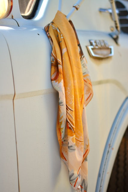 Yellow and sage silk wild rag with a cowgirl, a longhorn and a red stitched-look border, view 4