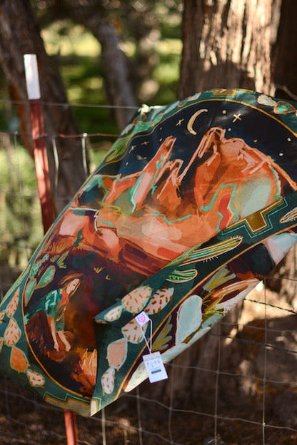 Green silk wild rag with a cowgirl and horse at a desert campfire and a cactus border, view 4