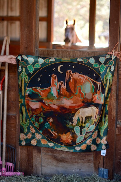 Green silk wild rag with a cowgirl and horse at a desert campfire and a cactus border, view 3