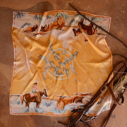 Yellow and sage silk wild rag with a cowgirl, a longhorn and a red stitched-look border, view 2