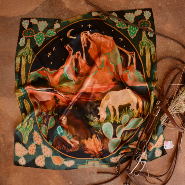 Green silk wild rag with a cowgirl and horse at a desert campfire and a cactus border, view 2