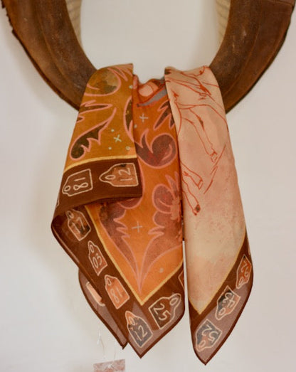 Rust and pink wild rag showing a cowgirl roping calves for branding, view 4