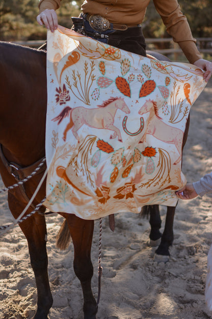 Peach mulberry silk wild rag with a wild horse prairie print