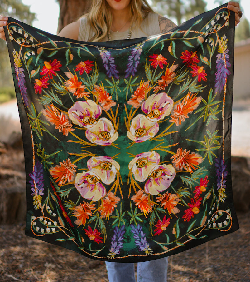 Near-black silk wild rag with jewel-tone wildflowers, purple lupine and a rope border, view 2