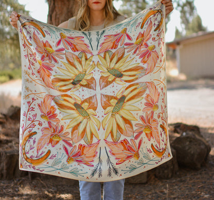 Yellow and pink silk wild rag with sunflowers, wildflowers and a horseshoe in each corner, view 2