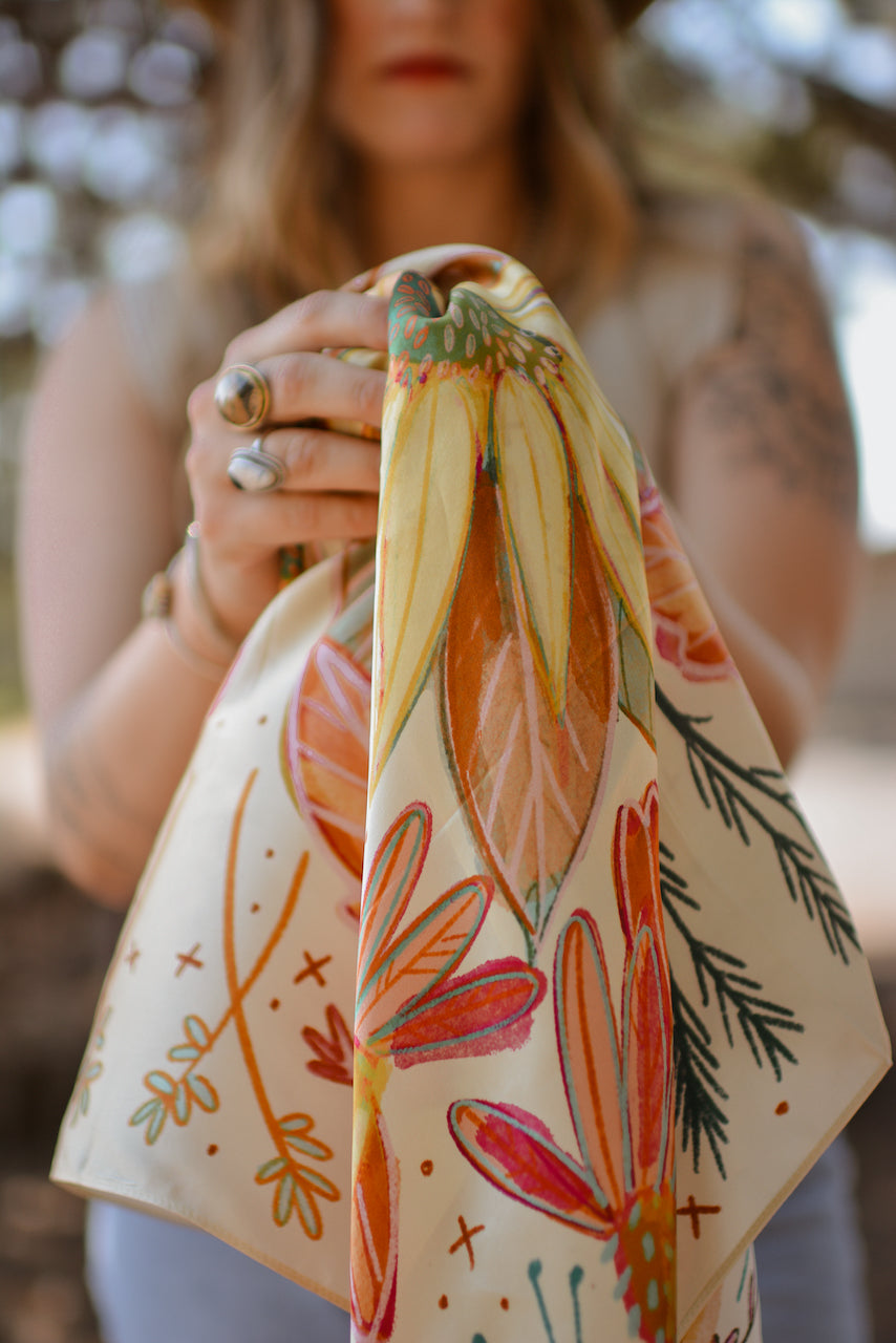 Yellow and pink silk wild rag with sunflowers, wildflowers and a horseshoe in each corner, view 3