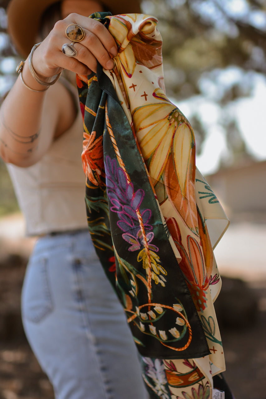 Near-black silk wild rag with jewel-tone wildflowers, purple lupine and a rope border, view 3