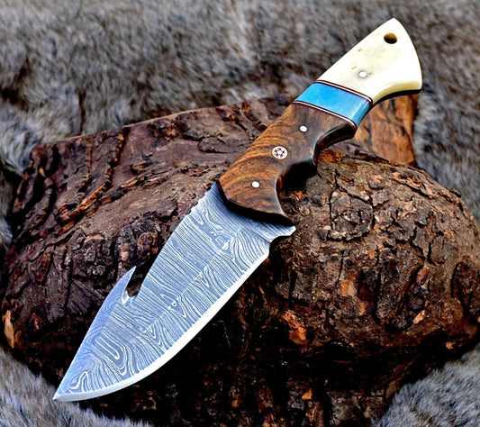 Damascus guthook skinning knife with two-tone rosewood and bone handle