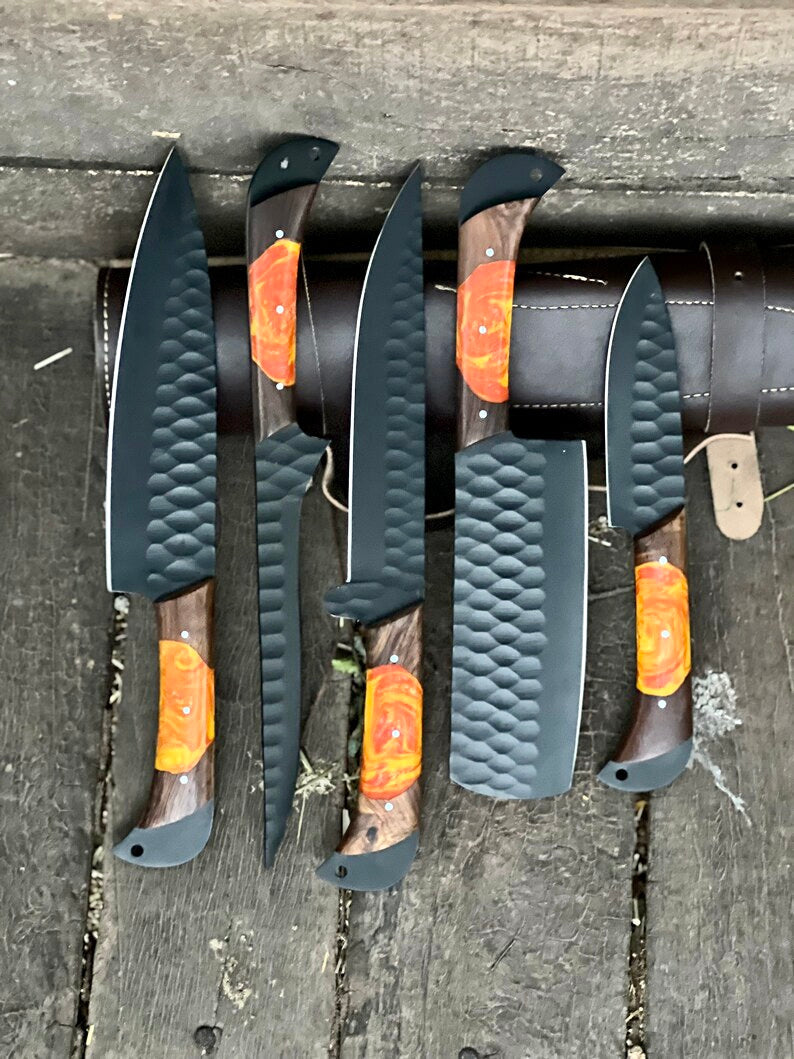 Damascus chef knife with rosewood and resin handle, leather sheath and sharpener