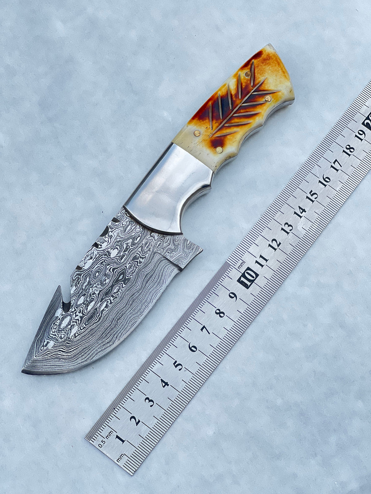 Damascus fixed blade knife with camel bone and rosewood handle and leather sheath